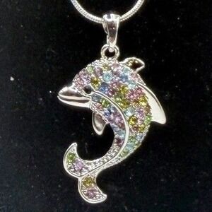 Multicolor Rhinestone Fish Necklace 17" Snake Chain Nautical Silver